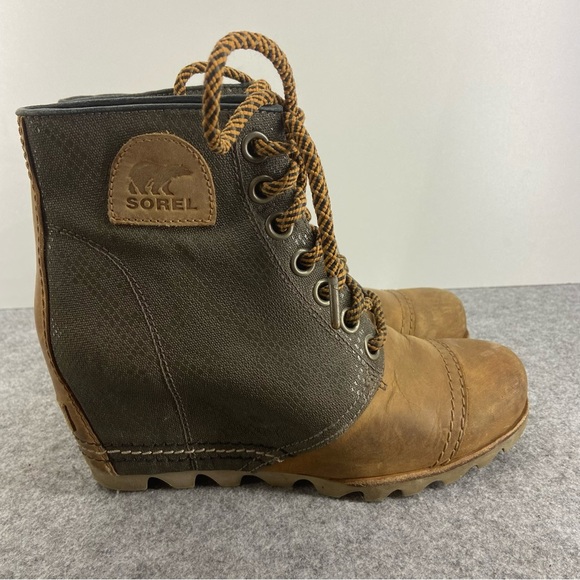 Sorel Tan Leather and Gray Lace-Up Wedge Ankle Boots Women’s Size 7.5 - Picture 6 of 12